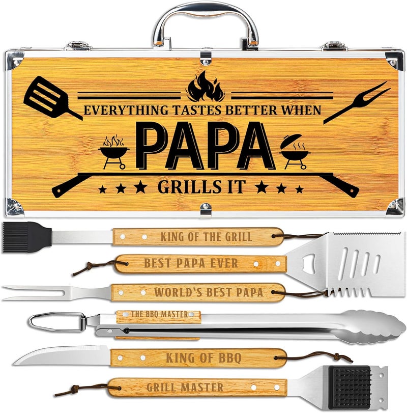 LEWARAN Papa Gifts from Grandkids, Papa Grilling Gift Heavy Duty Wooden BBQ Grilling Accessories Kit for Backyard, Thick Stainless Steel Grill Utensils with Non-Slip Handle Tools in Portable Bag on Christmas - Image 1